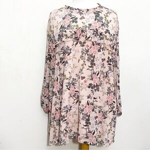 MASSINI floral print sheer yoke and sleeve lined body ruffle trim blouse 3X